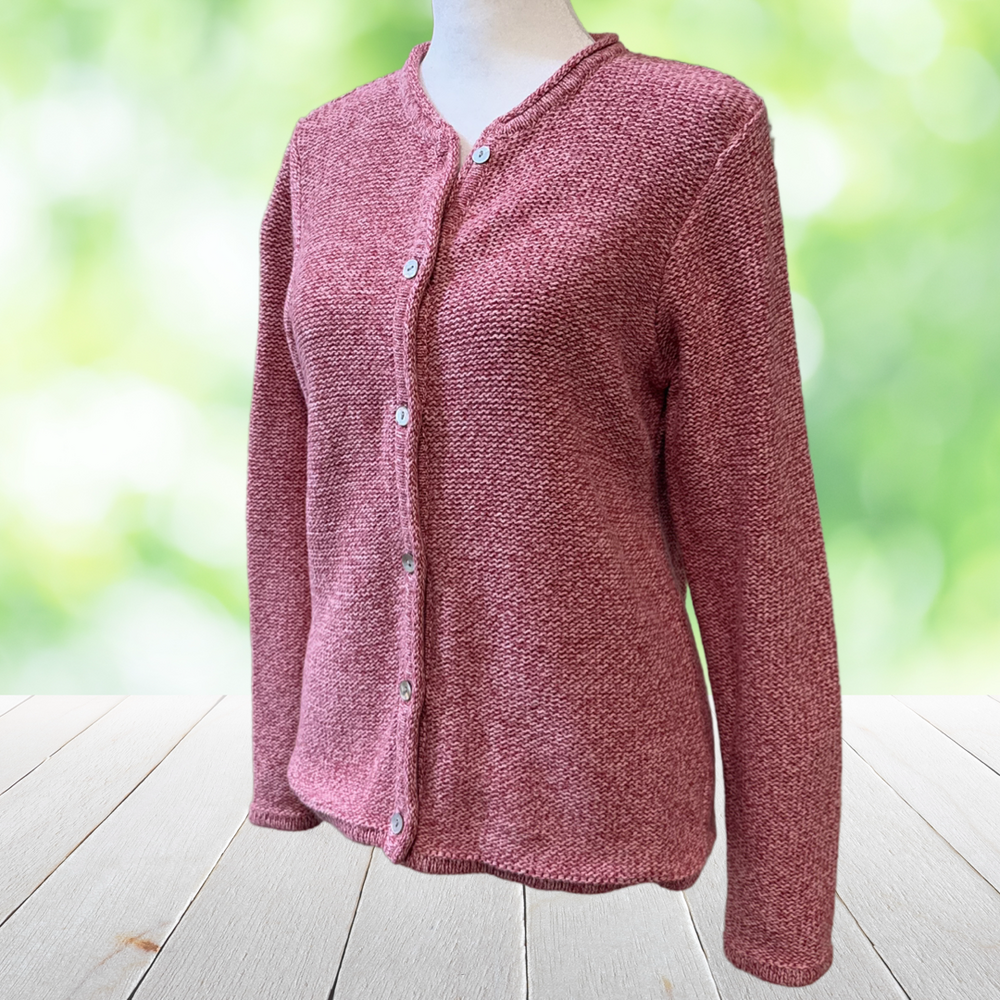 Vintage LL BEAN Cardigan Sweater Reverse Knit Cotton Shell Buttons Pink Womens M